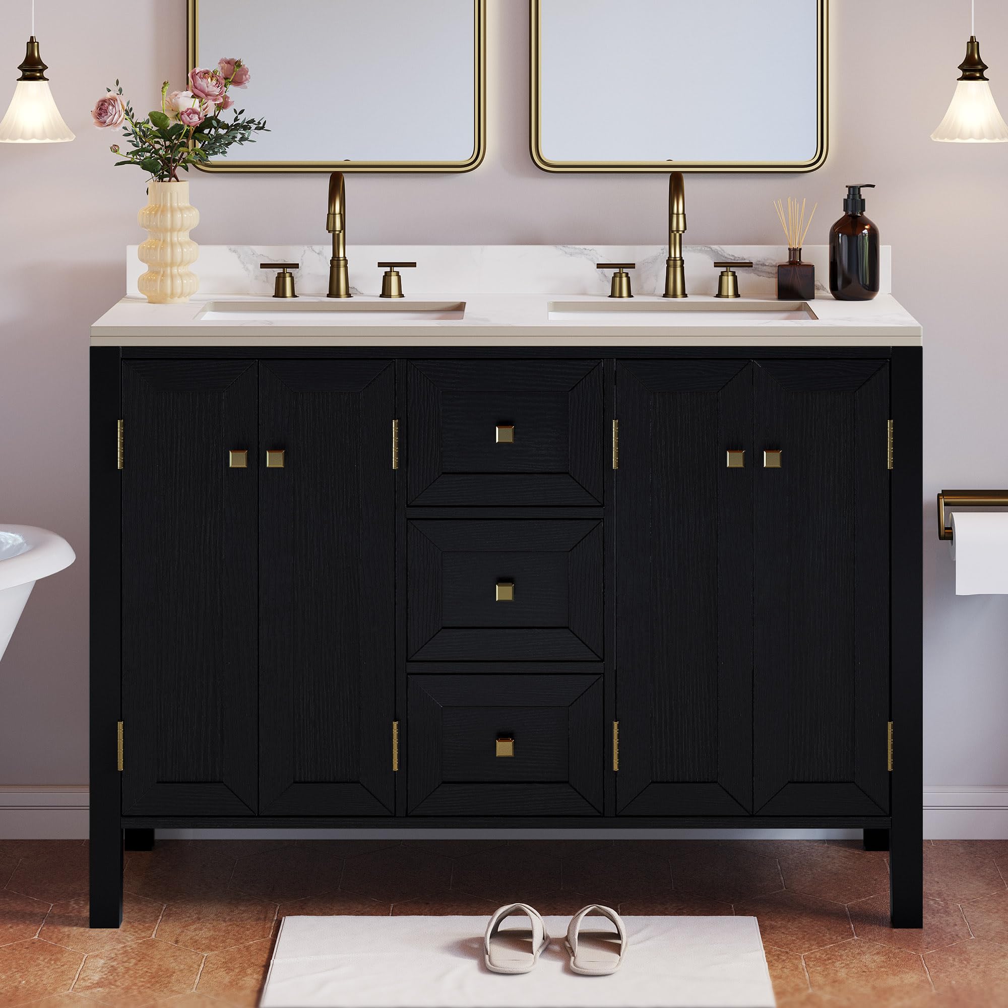 Photo 1 of *PARTIAL SET* ***JUST THE TOP COUNTER*** 
DWVO 47 Inch Bathroom Vanity with Double Sink, Retro Bathroom Storage Cabinet with Sintered Stone Countertop, Six Holes, 4 Doors & 3 Drawers