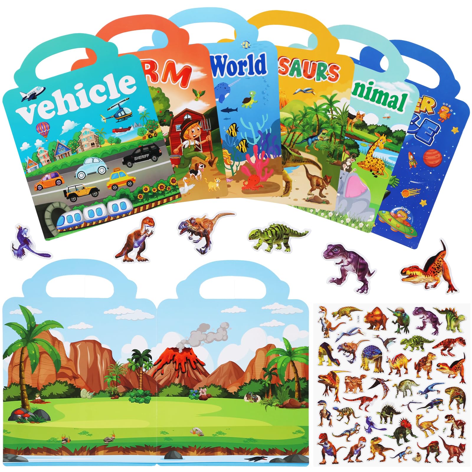 6 Pack Reusable Sticker Book, 3D Puffy Sticker Books, 6 Themes Sticker Books for Boys Girls - Wild Animal, Dinosaurs, Farm, Outer Space, Vehicle, Ocean World