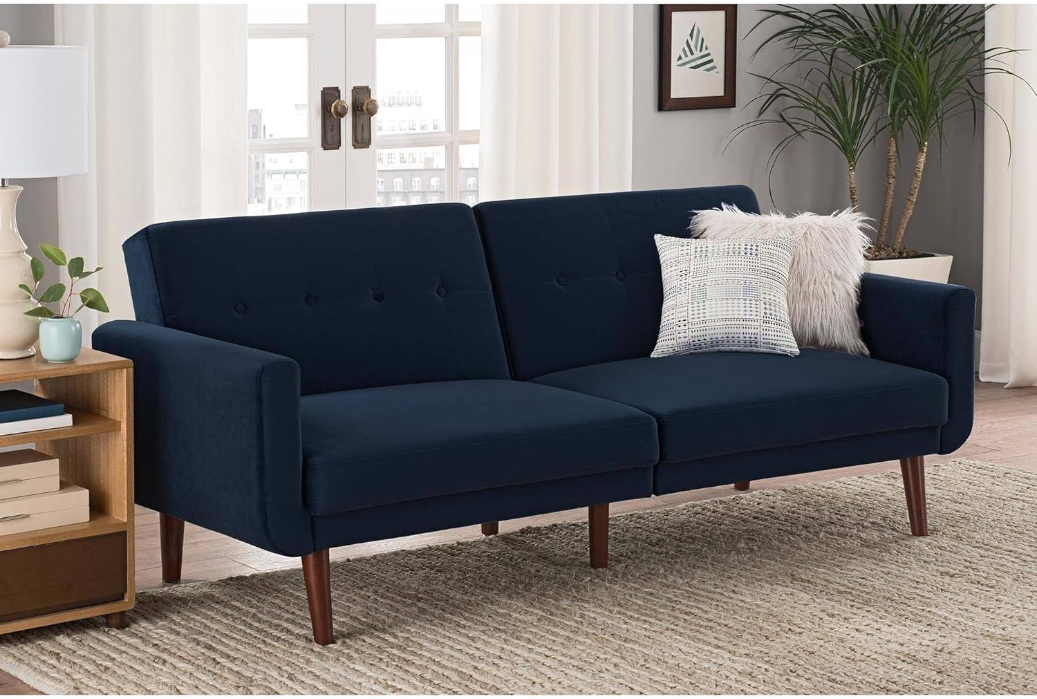 Modern Futon MidCentury Design, Blue Velvet, Soft Velvet
