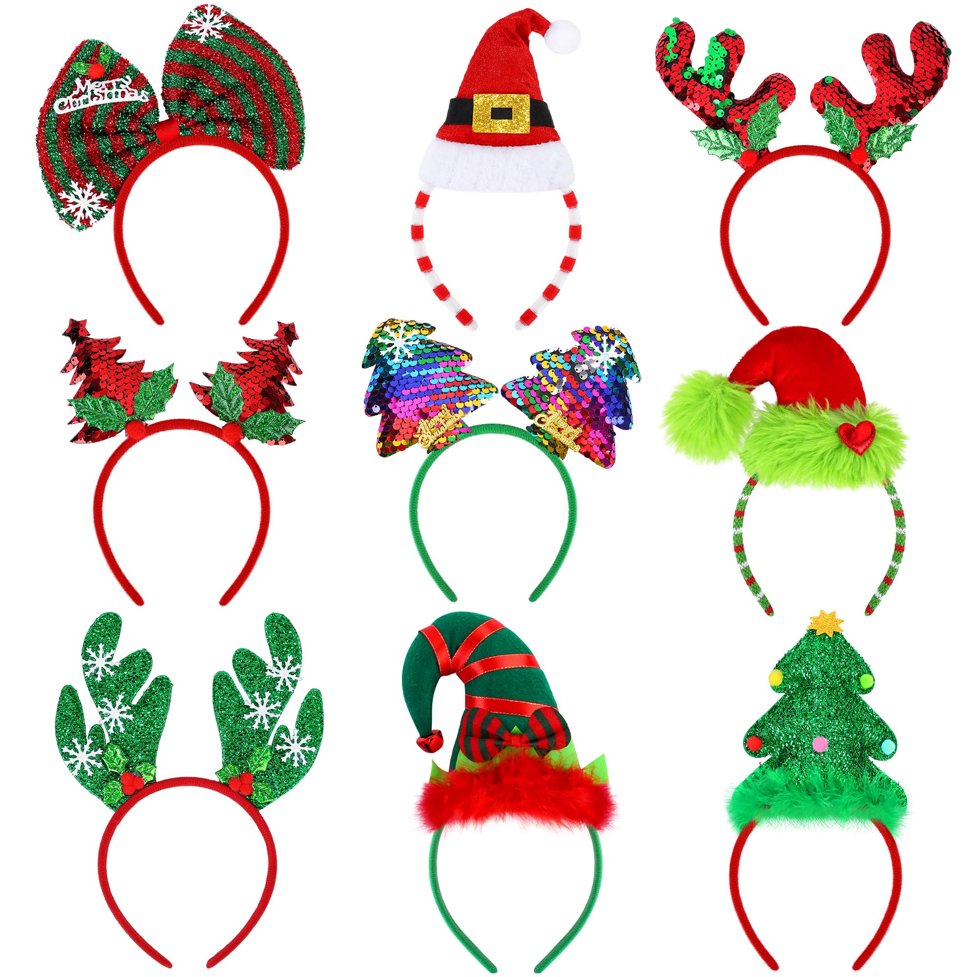 Aodaer 9 Pieces Christmas Headbands with Assorted Designs Glitter Xmas Tree Reindeer Costume Headwear Christmas Antler Elf Hat Hair Hoops for Xmas Party Favors, Holiday Decorations, Photo Booth