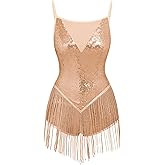 IBAKOM Women Fringe Sequins Bodysuit Latin Jazz Dance Dress Sparkly Tassel Rave Outfits Acrobat Circus Hip Hop Dance Costume
