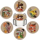 Drink Coasters Set of 6,Mushroom Coffee Cup Mat with Storage Holder, Durable Ceramic Coaster Set for Hot & Cold Beverages