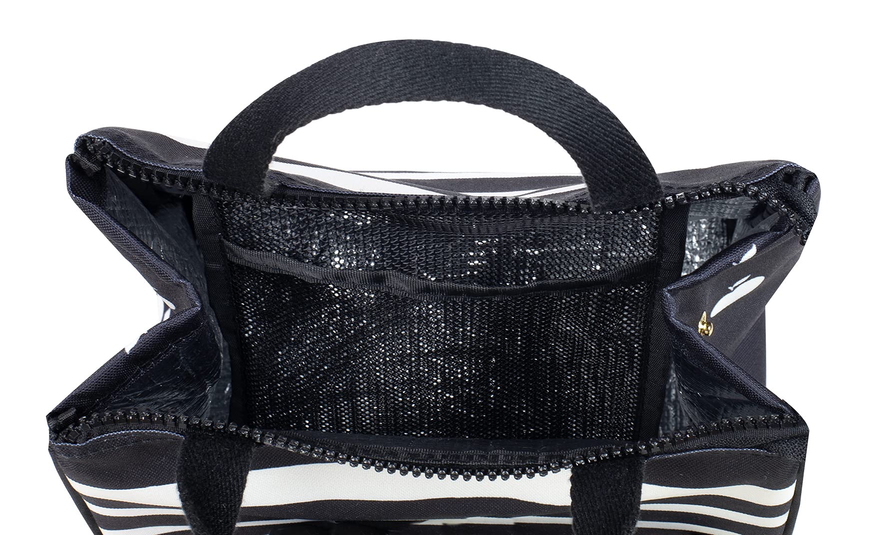 kate spade new york Black Portable Soft Cooler Lunch Bag, Thermal Tote with Silver Insulated Interior Lining and Storage Pocket, Sarah Stripe