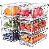Brippo 6-Pack Fridge Drawer Organizer, Pull-out Stackable Refrigerator Organizers and Storage, Clear Fruit Storage Containers Bins with Drain Tray for Kitchen Cabinet, Pantry Organization