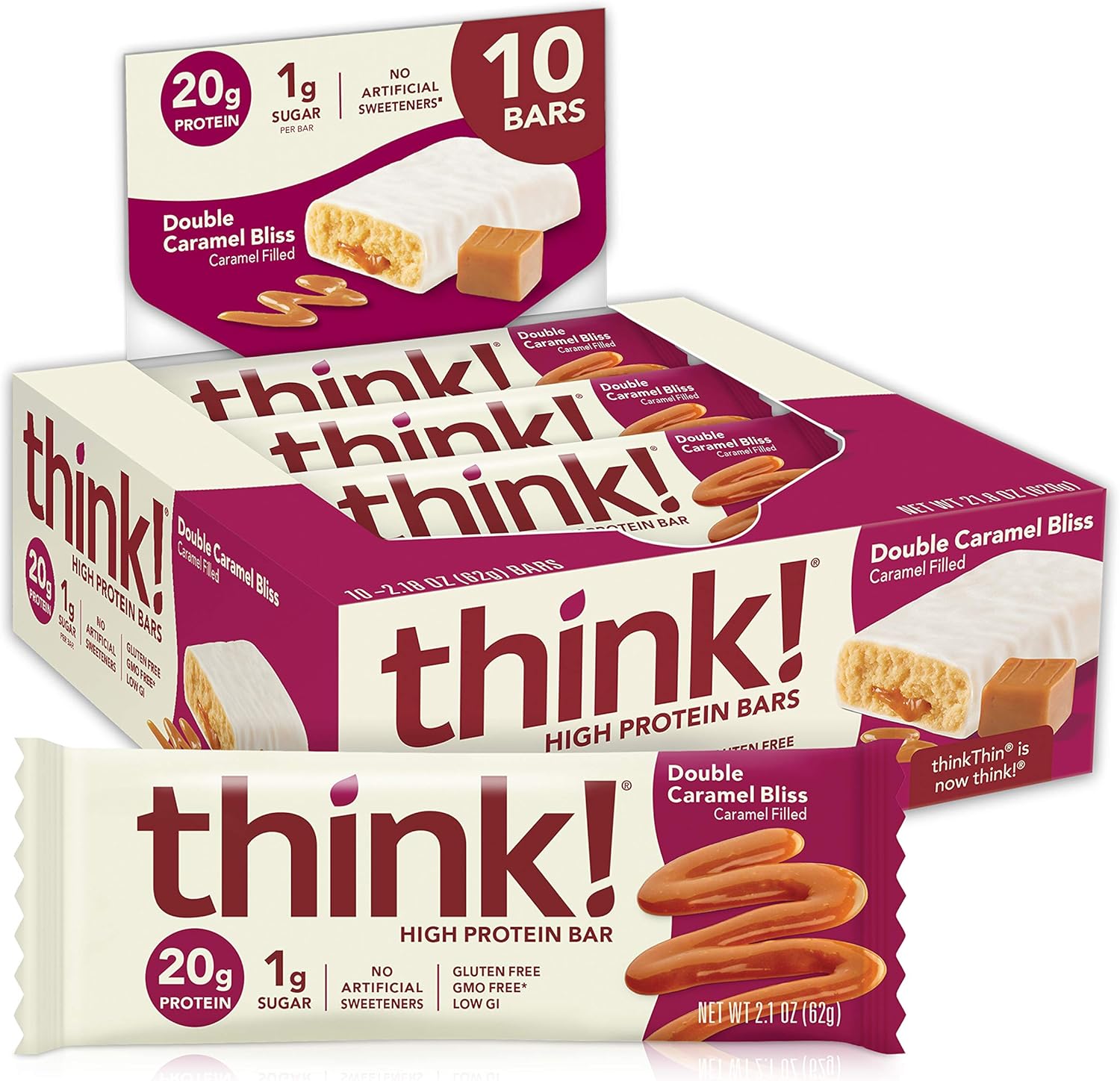 think! (thinkThin) High Protein Bars - Double Caramel Bliss, 20g Protein, 0g Sugar, No Artificial Sweeteners, Gluten Free, GMO Free, 2.1 oz bar (10 Count - Packaging May Vary)