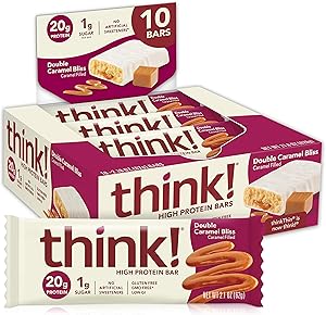 think! (thinkThin) High Protein Bars - Double Caramel Bliss, 20g Protein, 0g Sugar, No Artificial Sweeteners, Gluten Free, GMO Free, 2.1 oz bar (10 Count - Packaging May Vary)