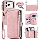 MInCYB for iPhone 17 Pro Max Wallet Case, [Compatible with Magsafe] [Magnetic Detachable] [RFID Blocking] PU Leather Case with Card Holder & Crossbody Strap for Women Men, Pink