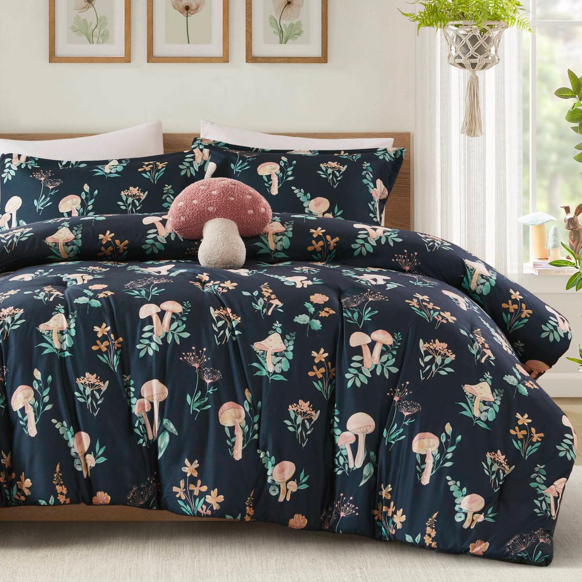 Intelligent Design Queen Comforter Set, Whimsical Floral & Mushroom Cottage Design, Microfiber Lightweight All Seasons Down Alternative Bedding, Sham & Décor Pillow, Gwen, Full/Queen Navy 4 Piece