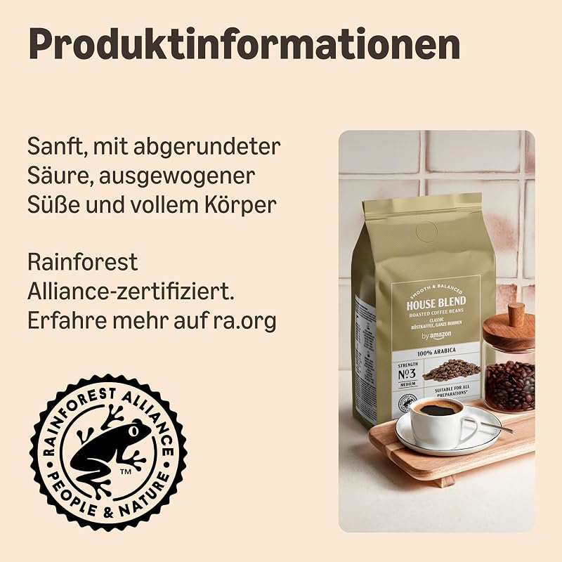 House Blend Kaffeebohnen, Mittelgeröstet, 1 kg, Rainforest Alliance Zertifiziert