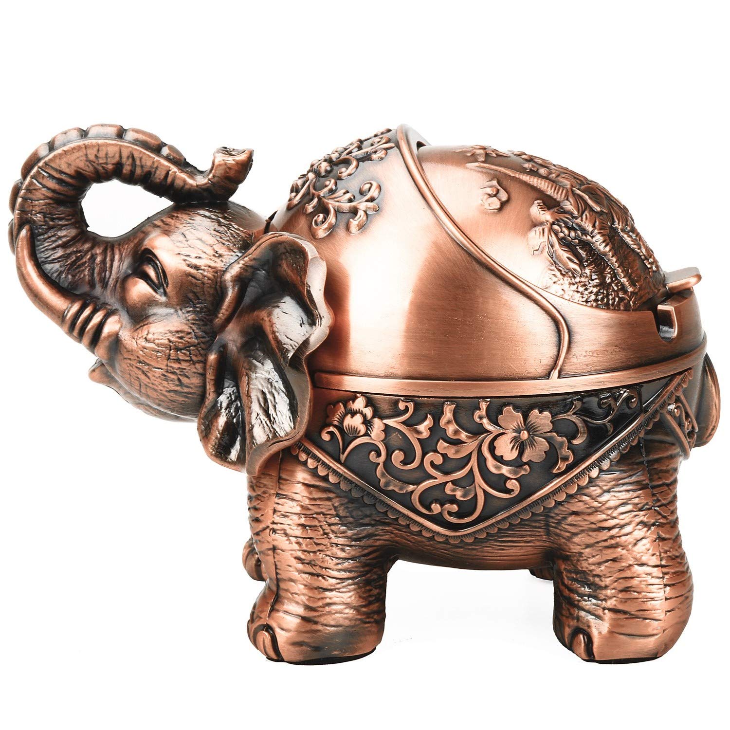 Vintage Decorative Windproof Ashtray with Lid for Cigarettes Metal Portable Cigar Ashtray Odor Indoor Outdoor Hand Carved Stand Lucky Elephant Fancy Gift Ornament for Men Women (Red Copper-Stand Ele)