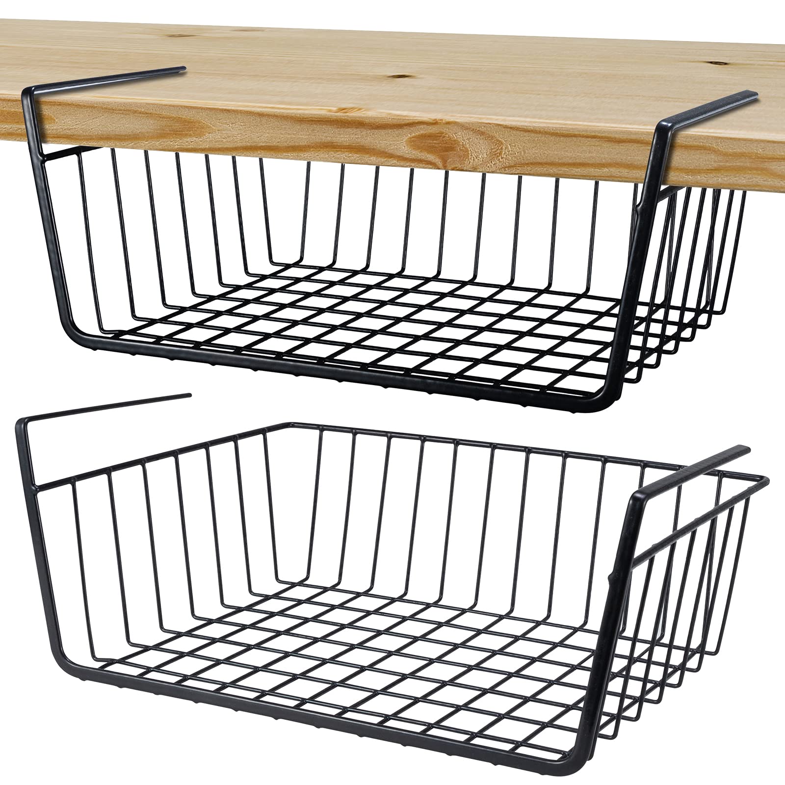Photo 1 of Undershelf Storage Basket Under Shelf Wire Basket Household Metal Under Shelf Hanging Storage Bin Basket Slides Under Shelves for Storage Space Saving for Kitchen Pantry Bookshelf (Medium, 2 PCS)