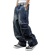 MZNBURAM Men's Y2K Hip Hop Baggy Cargo Jeans Loose Fit Wide Leg Denim Pants Casual Streetwear Trousers