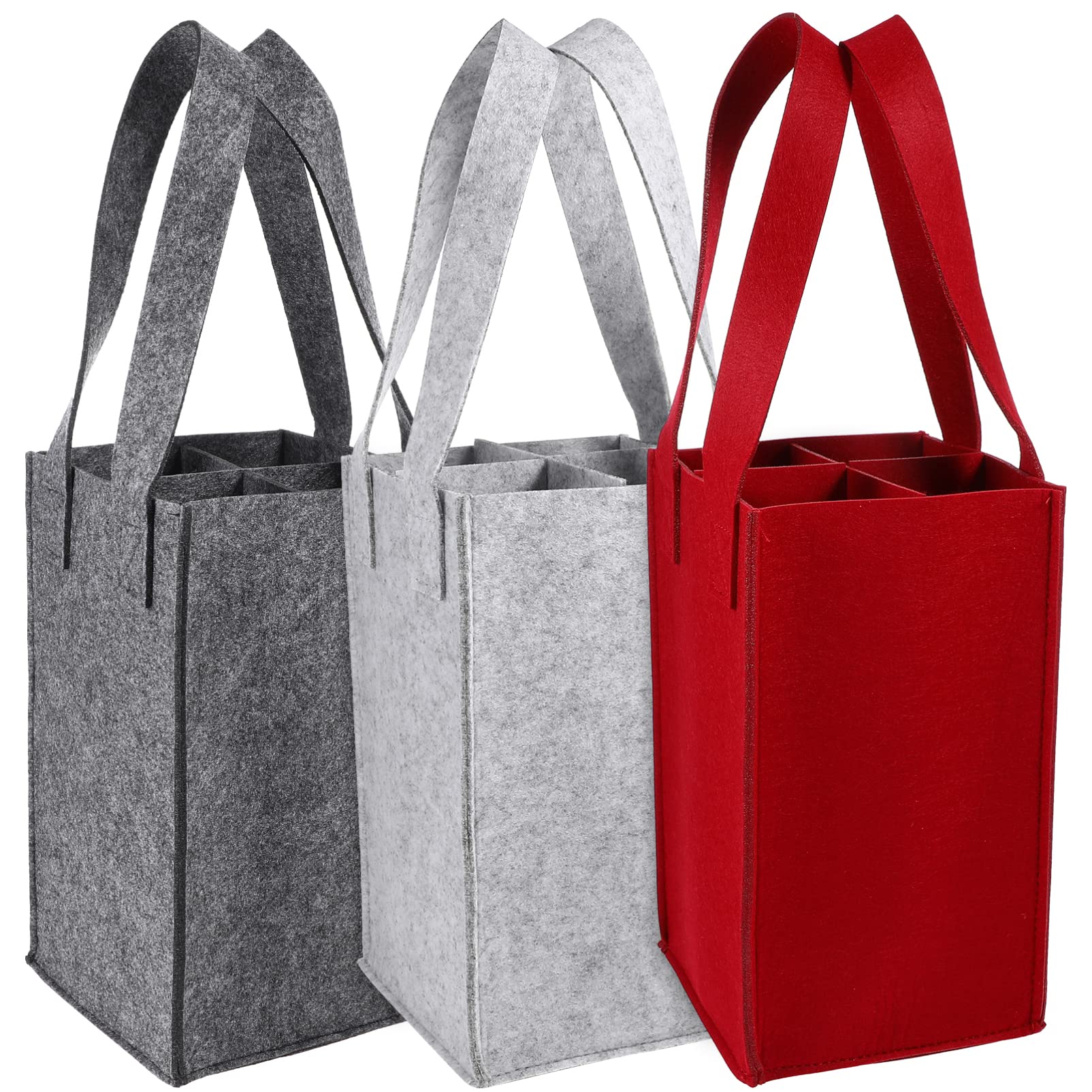 3 Pcs Felt Wine Bottle Carrier Bags - 4 Bottle Tote Bags with Handle for Wine, Beer, Whisky - Reusable Gift Bags for Travel, Picnic, Celebrations, Housewarming, Christmas Party (Assorted Colors)
