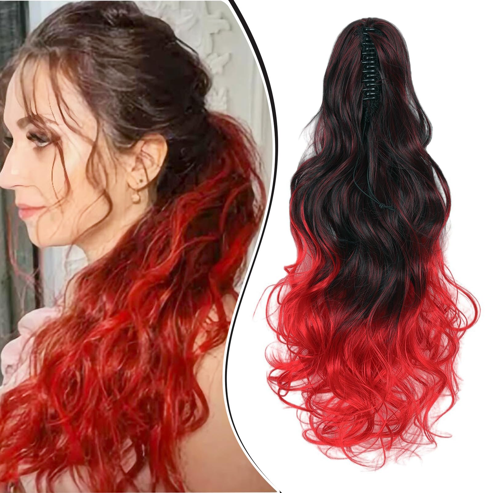 Dcbaboo Ponytail Extension Curly 18inch Claw Clip in Ponytail Hair Extensions Long Wavy Synthetic Pony tails Natural Wave One Piece Hairpiece Fake Ponytail for Women, Black Ombre Red