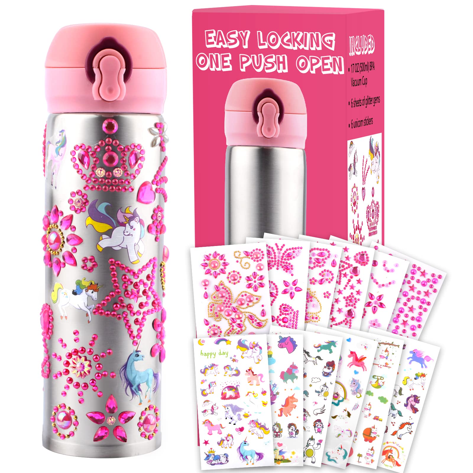 17 oz Insulated Water Bottle, DIY-0718, Pink, Stainless Steel, Decorate Your Own Water Bottle for Girls, 304 Food Grade, BPA Free, Leakproof, 17 fl oz, Water Bottle
