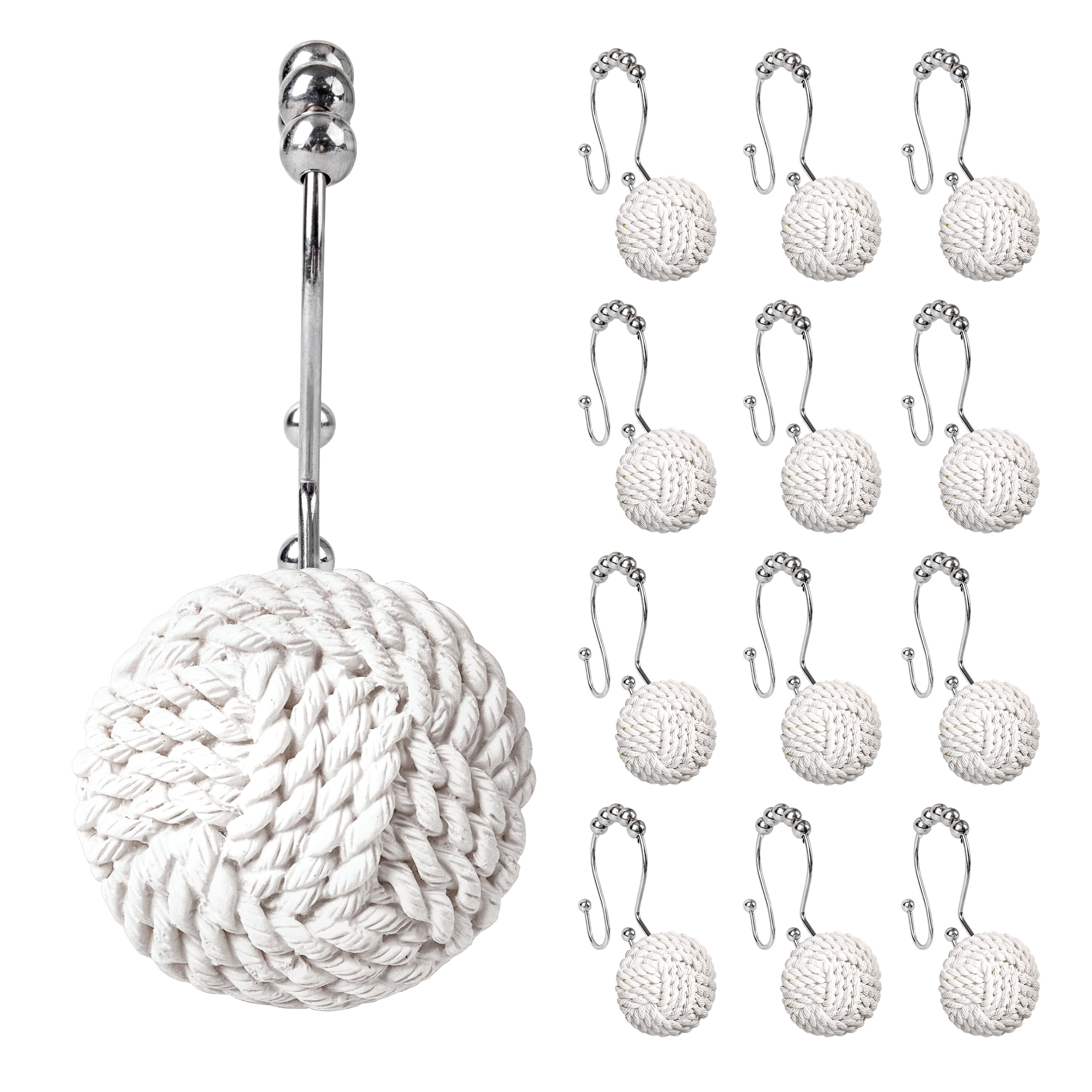 Sunlit Boho Knots Double Shower Curtain Hooks, Home Decorative White Shower Curtain Rings for Bathroom, Seaside Nautical Shower Curtain Hangers Bathroom Accessories, Set of 12