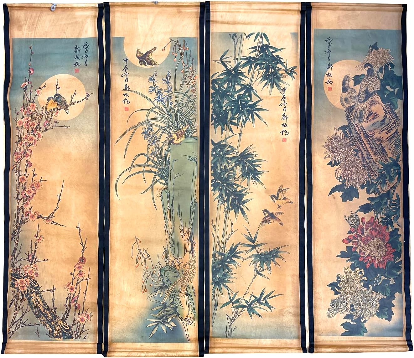 Paintings - Wall Scroll Hanging Painting Decor, Chinese Traditional Art Set of 4 Vintage Flower Paintings Ancient Painting Replica, Plum Orchid Bamboo Chrysanthemum