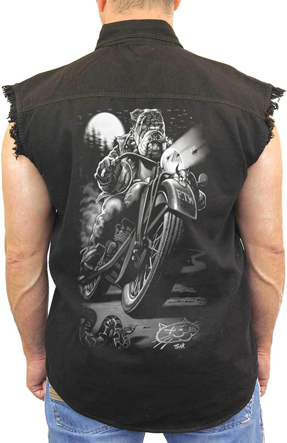 Men's Sleeveless Denim Shirt Biker Bulldog Cats Suck Biker at Amazon