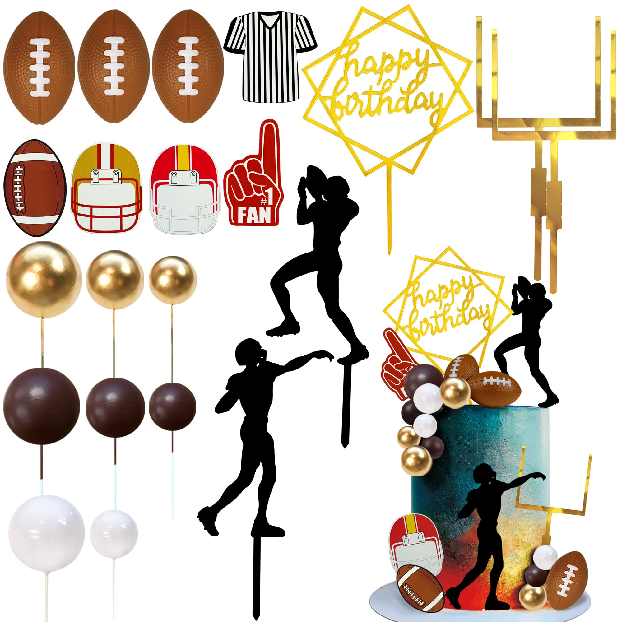 Photo 1 of ** MISSING PIECES **KDPATFAV 21PCS Football Cake Topper Set 21 Pieces Including Acrylic Happy Birthday Topper Rugby Ball Players Cupcake Toppers Sports Theme Party Decorations for Birthday Game Day Baby Shower