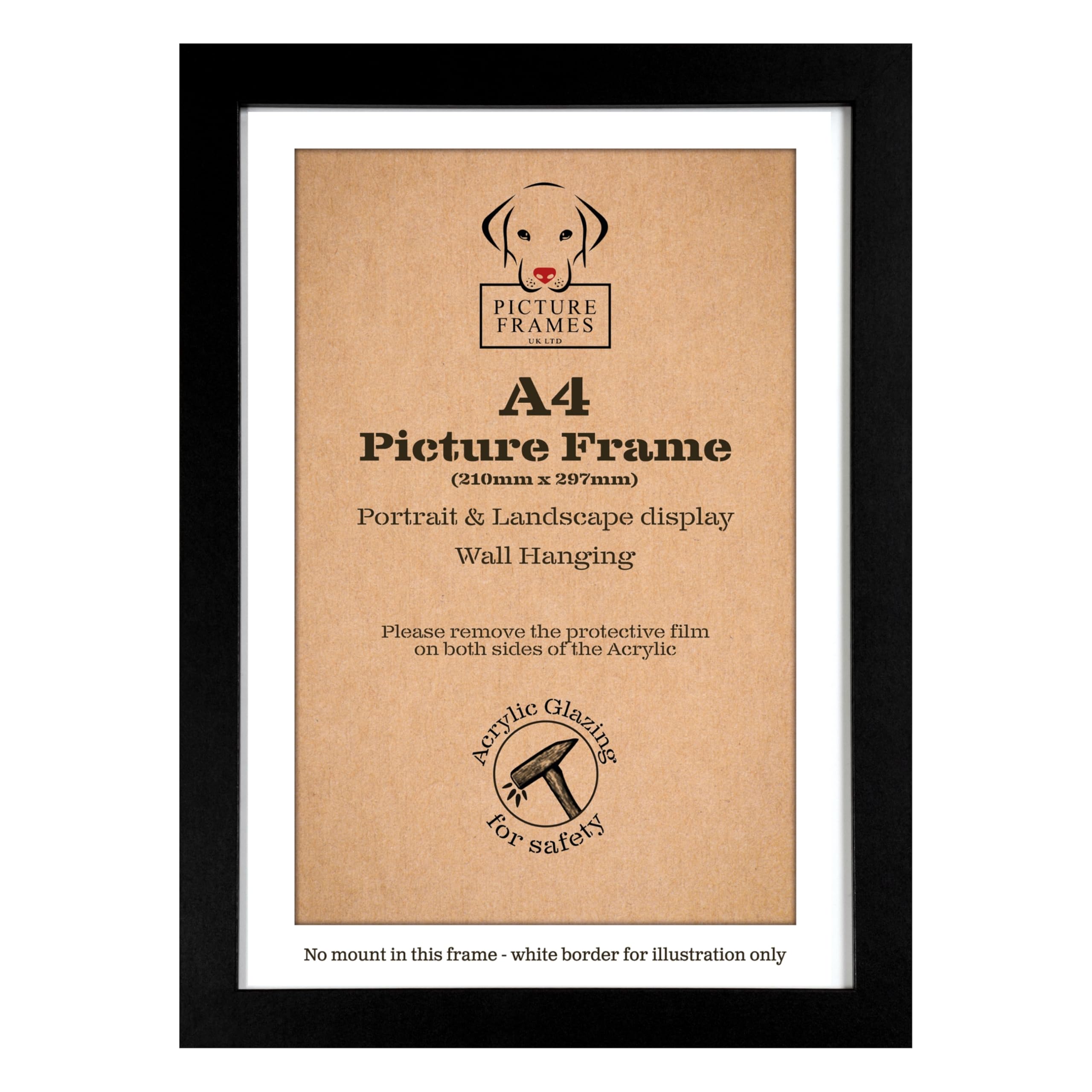 A4 Black Picture Frame, MDF Photo Frame, Versatile Black Frame with Safe Perspex Front & Wall Hanging Hooks - For Display, Landscape or Portrait Orientation, Wall-Mount & Desk Stand