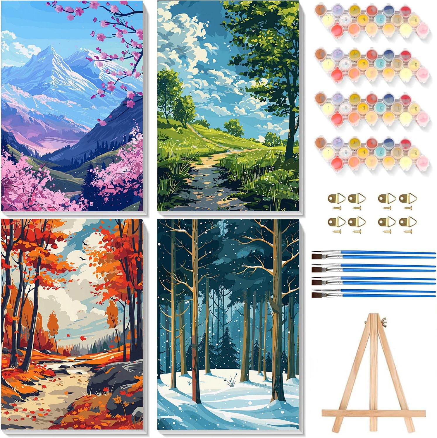 Photo 1 of 4 Pack Framed Paint by Numbers Kit for Adults Beginners-Four Season Adult Paint by Number Kits on Canvas Framed, Landscape DIY Acrylic Oil Painting by Numbers for Adults for Gift Home Decor(8x12inch)