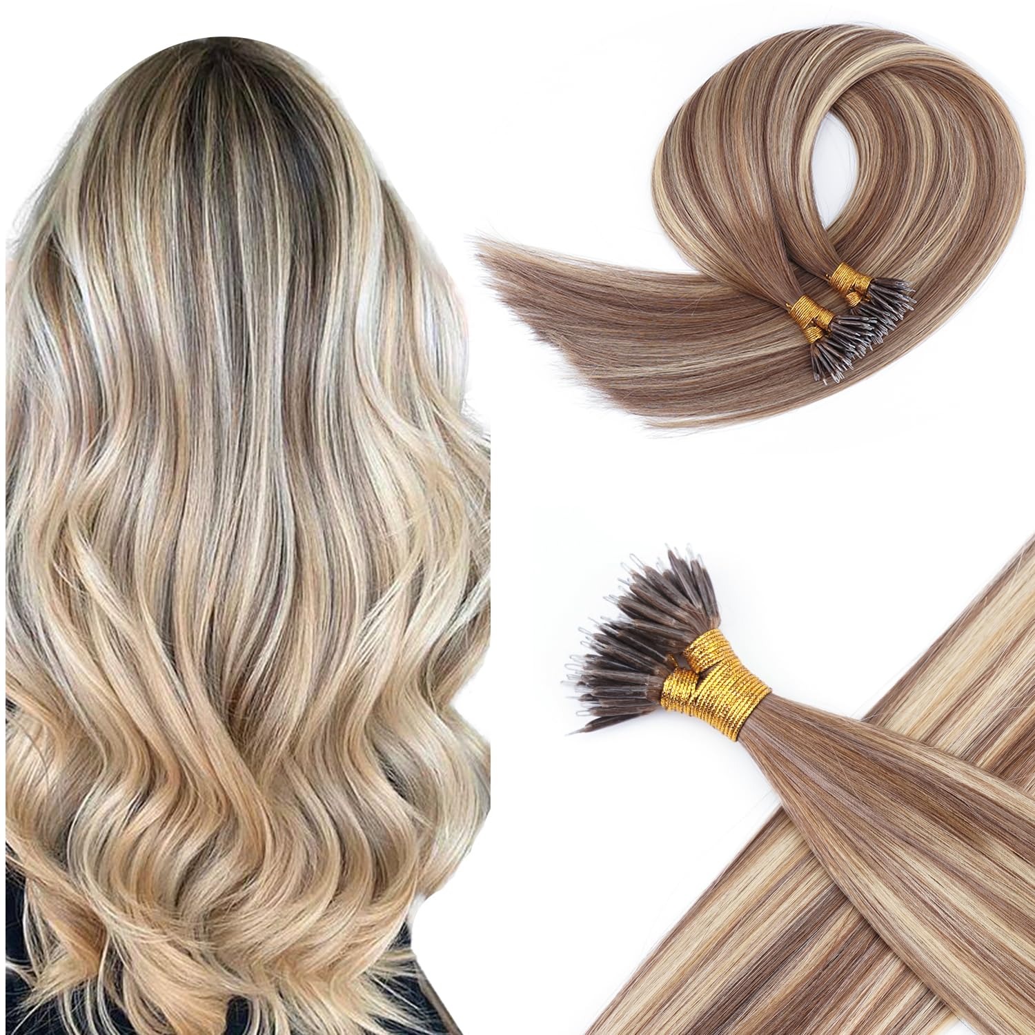 KOCONI 22 Inch Dark Blonde Balayage Nano Ring Hair Extensions Real Human Hair Nano Beads Remy Human Hair Extensions Human Hair Fading to Chocolate Brown and Blond 1g/S Nano Beads Hair 50g 8/22/8 — image 1