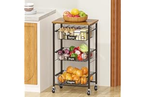 XYZLVSI Kitchen Storage Cart with Wheels, 4-Tier Metal Utility Rolling Cart Fruit Vegetable Storage Basket Pantry Rack with Wood Top & Pull Out Baskets for Kitchen, Livingroom, Diningroom, Office