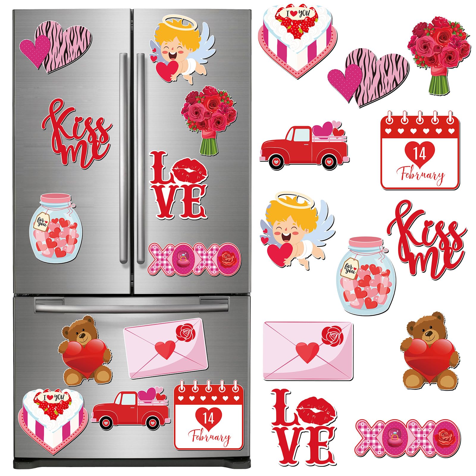 Photo 1 of 12 Pieces Valentine's Day Refrigerator Magnets Refrigerator Sticker Heart Truck Love Garage Door Magnets Car Sticker for Valentine's Day Decoration Fridge Door Mailbox Locker Office Decor