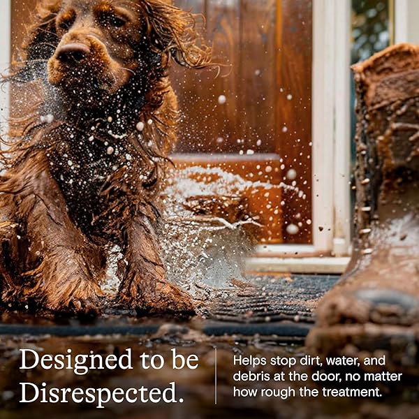 WATERHOG SQUARES FRONT DOOR MAT INDOOR OUTDOOR ENTRANCE, ABSORBENT ALL-WEATHER DOORMAT WITH NON-SLIP RUBBER BACKING, DIRT & MOISTURE TRAPPER, LOW PROFILE, EASY CLEAN, MADE IN USA, 23″X35.5″ BLUESTONE