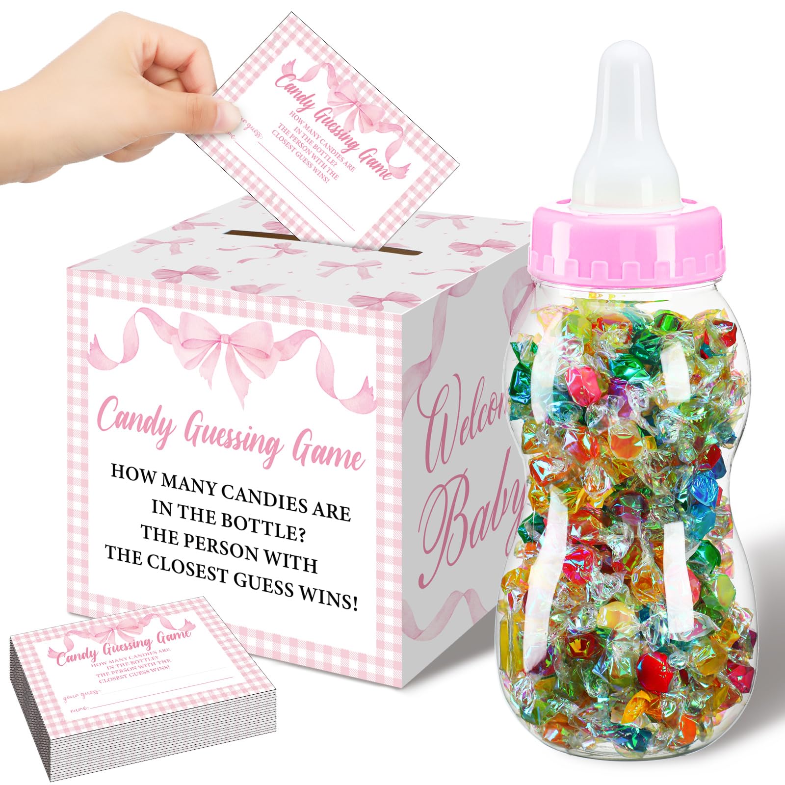 Photo 1 of Glenmal 52 Pcs Baby Shower Games Gift Sets Large Baby Bottle for Shower Game Guess How Many Candies Decorations for Gender Reveal (Pink Bow)