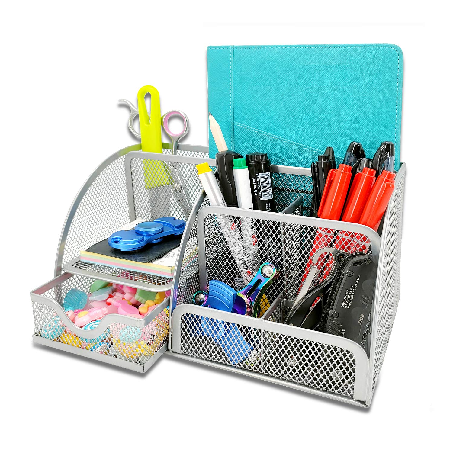 MDHAND Desk Organiser and Accessories, Mesh Fabric with 6 Compartments and Drawer, Space Saving Functionality, Office Storage