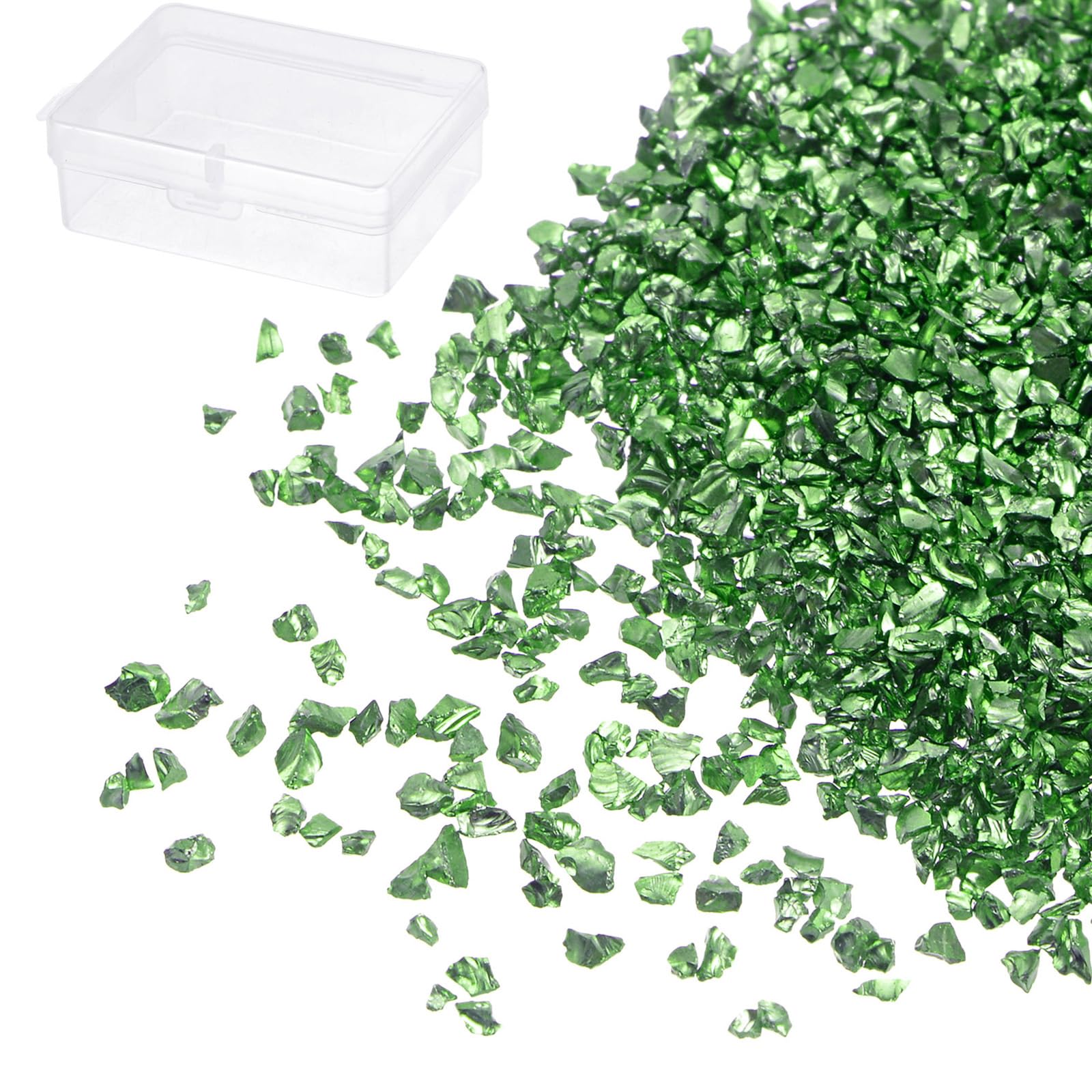 Kozelo Crushed Glass Chips - [1-3mm x 50g] Irregular Metallic Glass Green for DIY Decoration Nail Art Use, Electroplated Surface