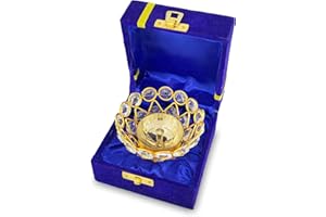 NOBILITY Gold Crystal Diya with Blue Velvet Gift Box Home Decoration Chrystal Piyali Dia Pooja Items Puja Gifts Handmade Oil Lamp Traditional Indian Dhanteras Deepawali Diwali Gift Items