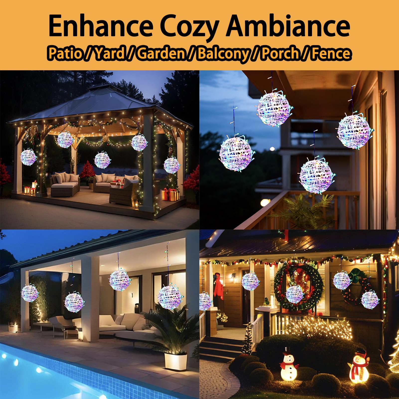 WISEgham Christmas Solar String Lights Outdoor, 5Pc 200LED 32.8ft Solar Powered Globe Fairy Lights Waterproof, 8 Modes Ball Lights Outside for Tree Garden Yard Porch Lawn Holiday Decor, Multicolor