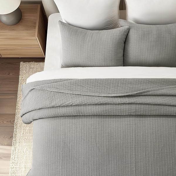 EVERGRACEHOME COTTON GAUZE KING BEDSPREAD, ULTRA SOFT PREWASHED PICK STITCH MATELASSÉ COVERLET, LIGHTWEIGHT TEXTURED OVERSIZED KING QUILT BEDDING SET FOR ALL SEASON, WITH 2 SHAMS, FOG GRAY