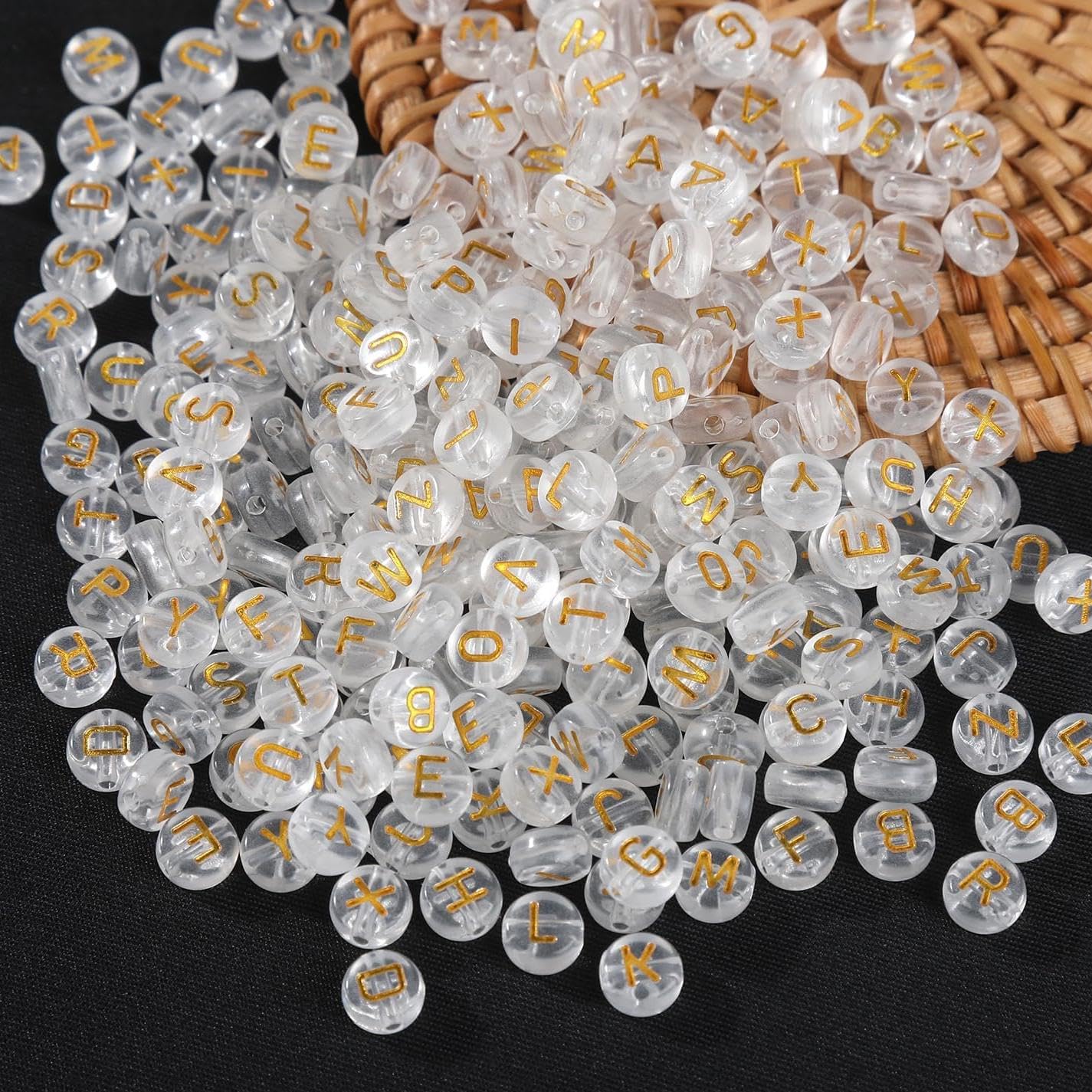 HERZWILD Letter Beads for Threading Approx. 1000 Pieces 4 x 7 mm Clear Letter Beads Round Craft Bead Letters A-Z Bead for Jewellery Crafts (4 x 7 Transparent Gold) — image 1