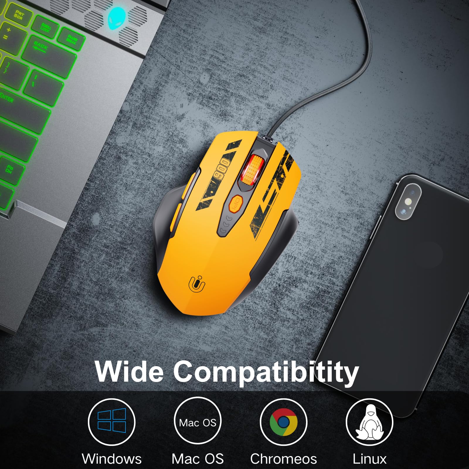 Uineer Maus Mit Kabel, ergonomisches Design, bis zu 7200 DPI einstellbar mit 6 Tasten, Computer Maus PC Laptop Computer,Plug & Play,Mattes Gelb 4