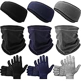 Jeere 9 Pcs Ear Warmer Headband Warmer Face Mask Fleece Neck Gaiter with Drawstring Winter Knit Gloves for Men Women Adult