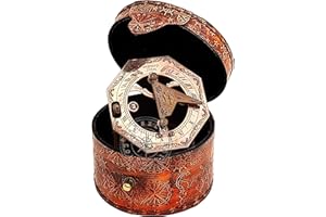 Hanzla Collection Antique Brass & Copper Sundial Compass, Pocket Sun Dial with Leather Case, Nautical Marine Gift Sun Clock Pirate Ship Replica Watch