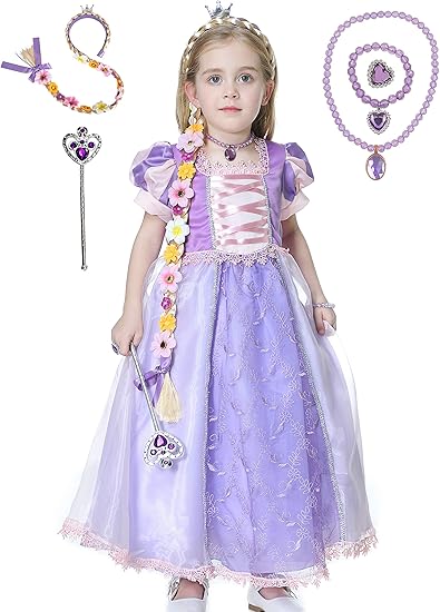 Amazon Hnokle プリンセス ドレス ラプンツェル 長髪姫 キッズ お姫 子供 なりきり ワンピース コスチューム コスプレ 変装 舞台服 誕生日 仮装 クリスマス ハロウィーン プレゼント 6点セット キッズコスチューム おもちゃ