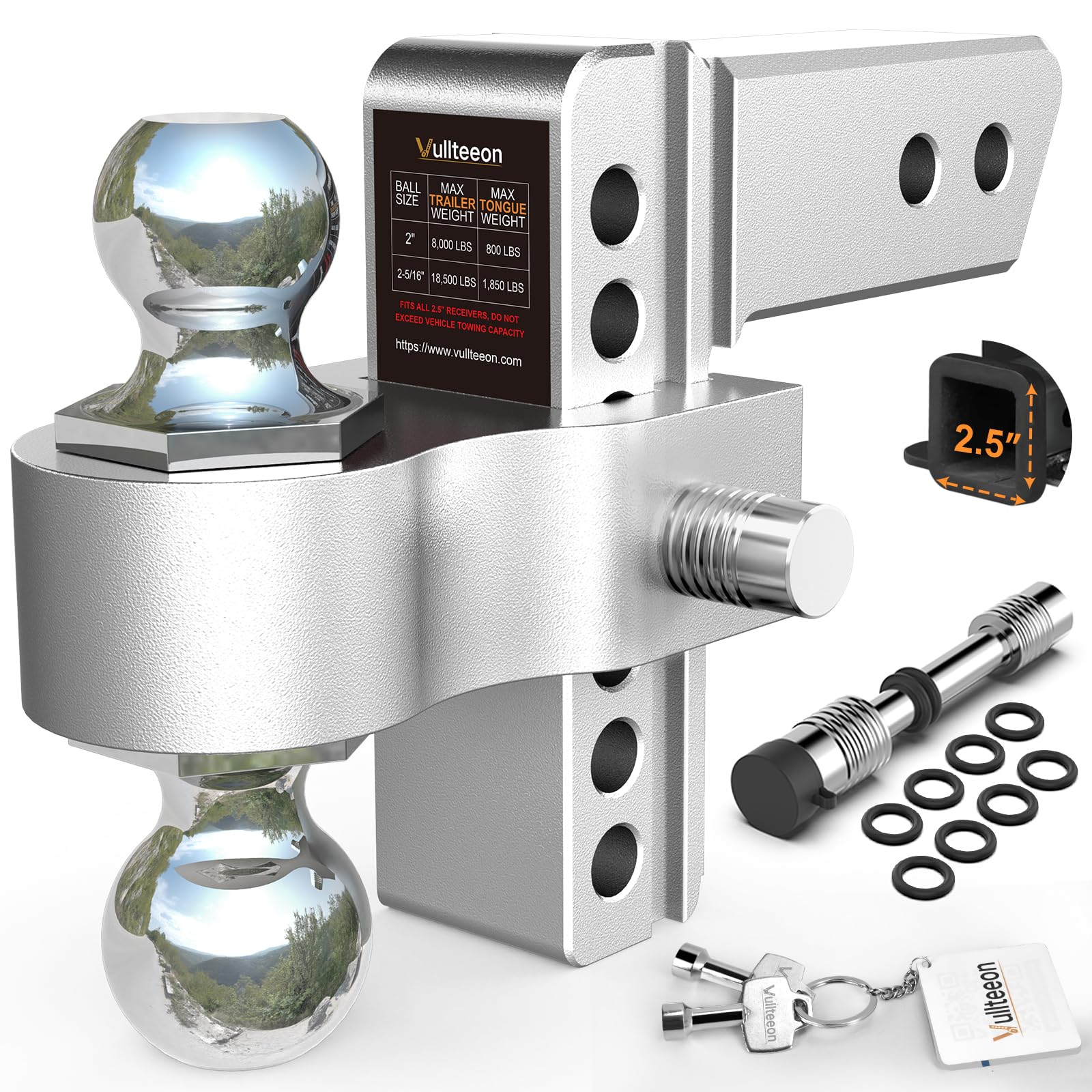 Photo 1 of 2026 Vullteeon Drop Hitch 2.5 Inch Receiver, 6 Inch Adjustable Trailer Hitch, 2 Innovative Mechanical Locking Pins, 18,500 LBS GTW, (2" & 2-5/16") Chrome Steels Balls, Class 5 Aluminum Tow Hitches
