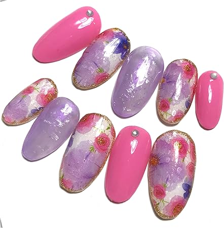 Amazon 現品sサイズ Onlyone Nail ｾﾐｵｰﾀﾞｰﾈｲﾙﾁｯﾌﾟ ピンク パープル 系 フラワー シアーパープル 透け感 ふわふわ埋め込み ネイル M Onlyone Nail ネイルチップ 通販