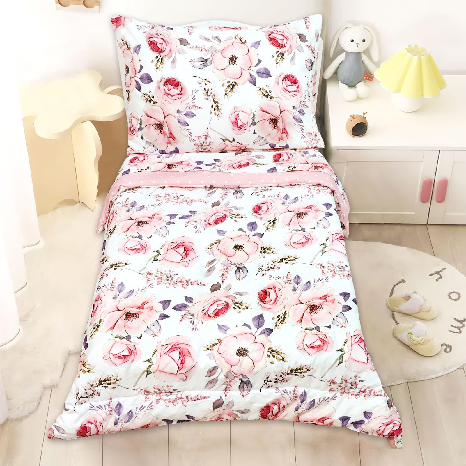 4 Piece Toddler Bedding Set, Flower Toddler Bed Comforter Sets for Girls, Includes Quilted Comforter, Flat Sheet, Fitted Sheet and Pillowcase, Ultra Soft and Breathable, Pink Floral