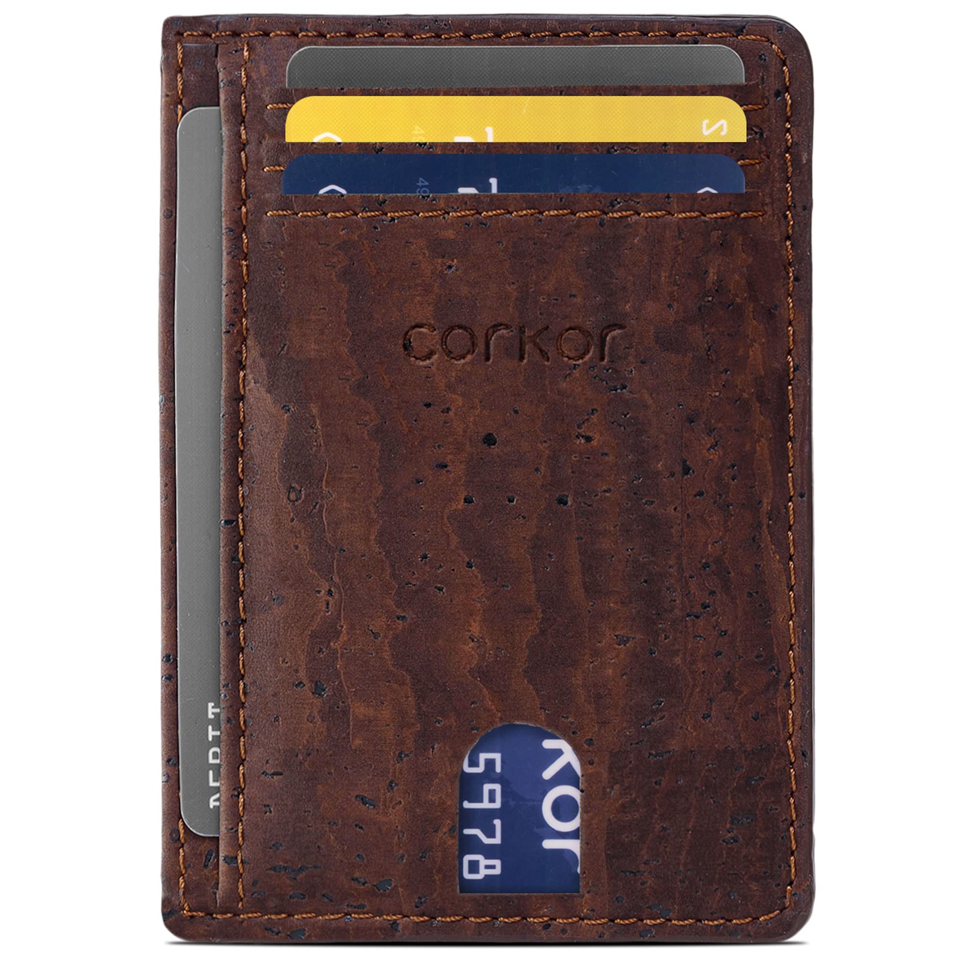 Corkor Minimalist Vegan ID Case RFID Men Women Sustainable Non-Leather Cork Gift , Dark Brown, Small