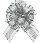 KLOVYRA Silver Glitter Gift Bows– 6 Inch 6 Pack Round Pull Bows for Present, Christmas, Wedding, Party & Holiday Baskets, Boxes, Bags Wrapping
