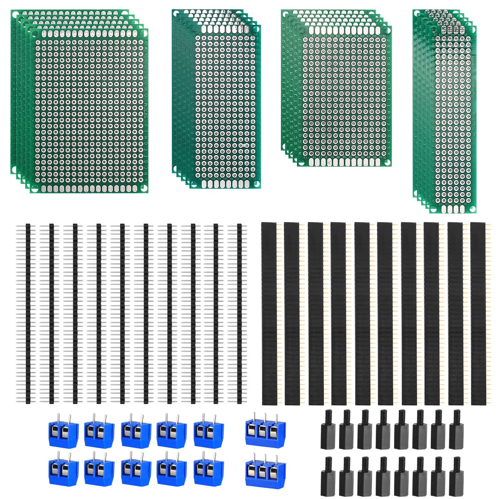 68 Pcs Double Sides PCB Board Prototype Kit, with 20 Pcs Universal Female/Male Printed Circuit Boards, 40 Pcs Pin Connectors, 12 x 2/3 Pin Screw Terminals for DIY Soldering Electronic Project