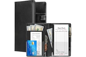 OPVIXI Server Book for Waitress, Leather Waitress Book, Black Serving Books with Zipper Pocket and Money Pocket, Waiter Books Waitstaff Organizer Fits Server Apron, Receipt Holder, Guest Checkbook