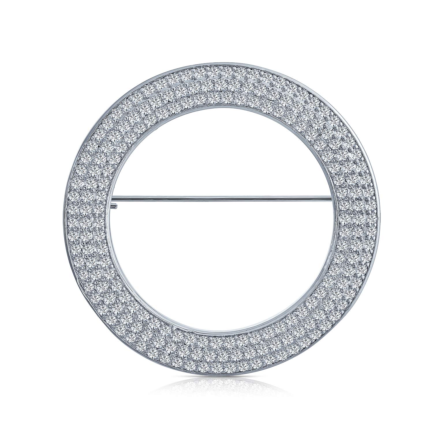 Circle Of Life Pave CZ Clear Eternity Round Design Scarf Brooch Pin For Women Silver Plated Medium Size 1.5 Diameter