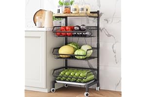 COVAODQ Fruit Basket 4-Tier Adjustable Fruit Vegetable Basket Cart Metal Wire Storage Cart Rolling Pantry Utility Kitchen Cart