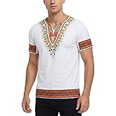 Sayhihi Mens African Dashiki Shirt Tribal Floral Print Traditional T Shirt for Men V Neck Slim Fit Shirts Tops